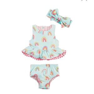 Baby Girls reversable Rainbow Swim Set with Headband - Light Blue